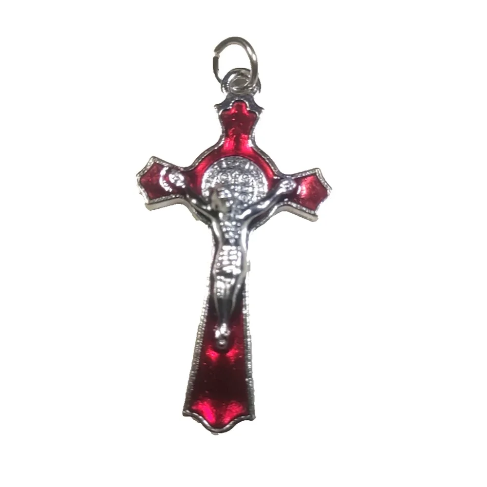 Silver Tone Red Enamel Cross Crucifixion Pendant